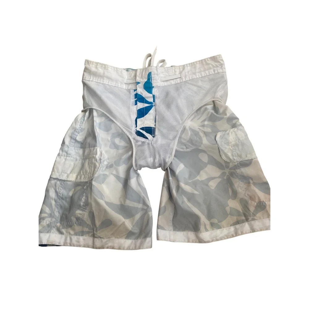 Merona Mens Blue White Hibiscus Floral Board Shorts Swim Trunks Size M Cargo